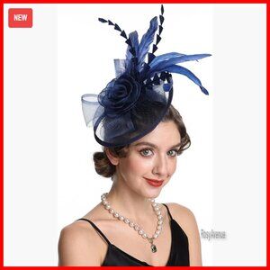 Women's Fascinator Hat with Feather Flower, Hair Clip, Detachable Headband